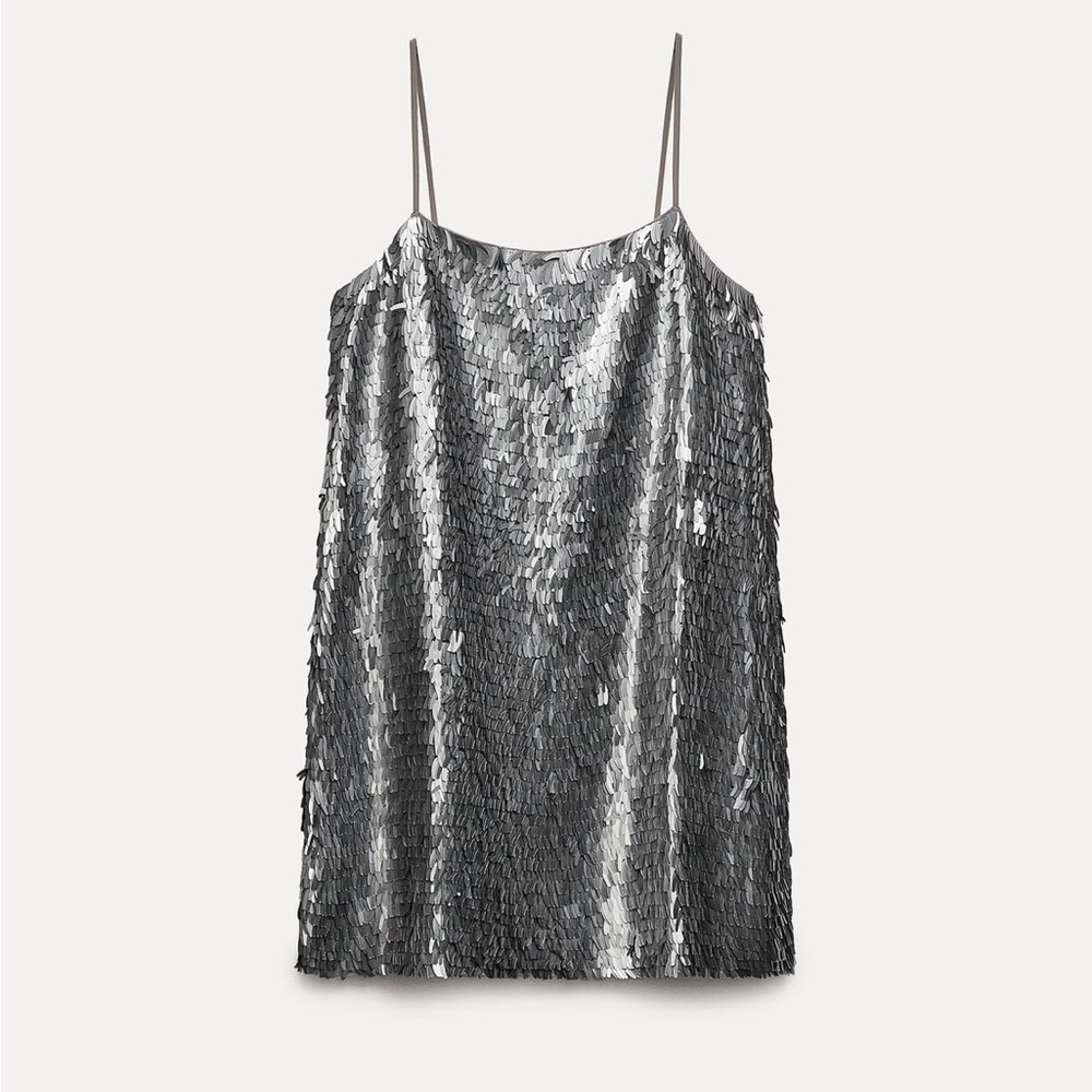 NEW Zara Silver Sequin Straight Neck Mini Dress Size L ( Original Retail $480)